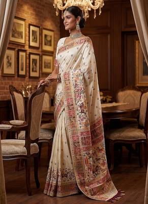Off White Color Foliate Pattern,Zari And Shikaragh Zal Work Pashmina Silk Saree 4