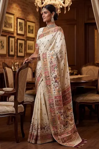 Off White Color Foliate Pattern,Zari And Shikaragh Zal Work Pashmina Silk Saree