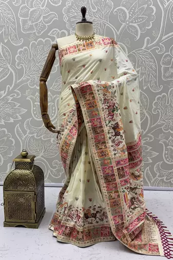 Off White Color Foliate Pattern,Zari And Shikaragh Zal Work Pashmina Silk Saree