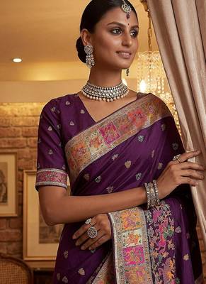 Plum Color Foliate Pattern,Zari And Shikaragh Zal Work Pashmina Silk Saree 2