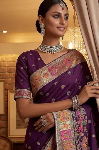 Plum Color Foliate Pattern,Zari And Shikaragh Zal Work Pashmina Silk Saree