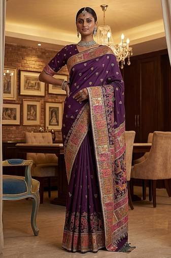 Plum Color Foliate Pattern,Zari And Shikaragh Zal Work Pashmina Silk Saree