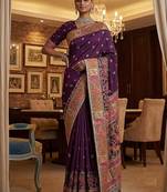 Plum Color Foliate Pattern,Zari And Shikaragh Zal Work Pashmina Silk Saree