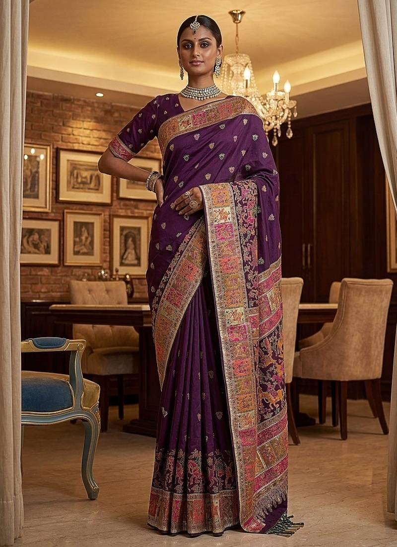 Plum Color Foliate Pattern,Zari And Shikaragh Zal Work Pashmina Silk Saree