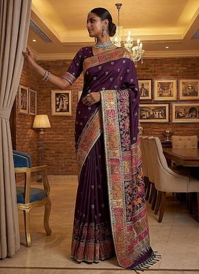 Plum Color Foliate Pattern,Zari And Shikaragh Zal Work Pashmina Silk Saree 3
