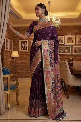 Plum Color Foliate Pattern,Zari And Shikaragh Zal Work Pashmina Silk Saree