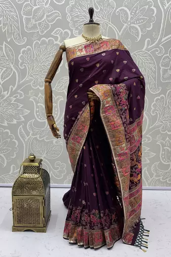 Plum Color Foliate Pattern,Zari And Shikaragh Zal Work Pashmina Silk Saree
