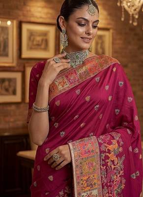 Rani Pink Color Foliate Pattern,Zari And Shikaragh Zal Work Pashmina Silk Saree 2