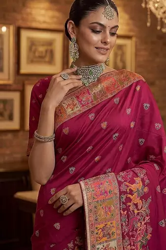 Rani Pink Color Foliate Pattern,Zari And Shikaragh Zal Work Pashmina Silk Saree