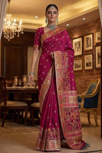Rani Pink Color Foliate Pattern,Zari And Shikaragh Zal Work Pashmina Silk Saree