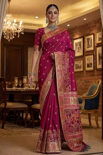 Rani Pink Color Foliate Pattern,Zari And Shikaragh Zal Work Pashmina Silk Saree