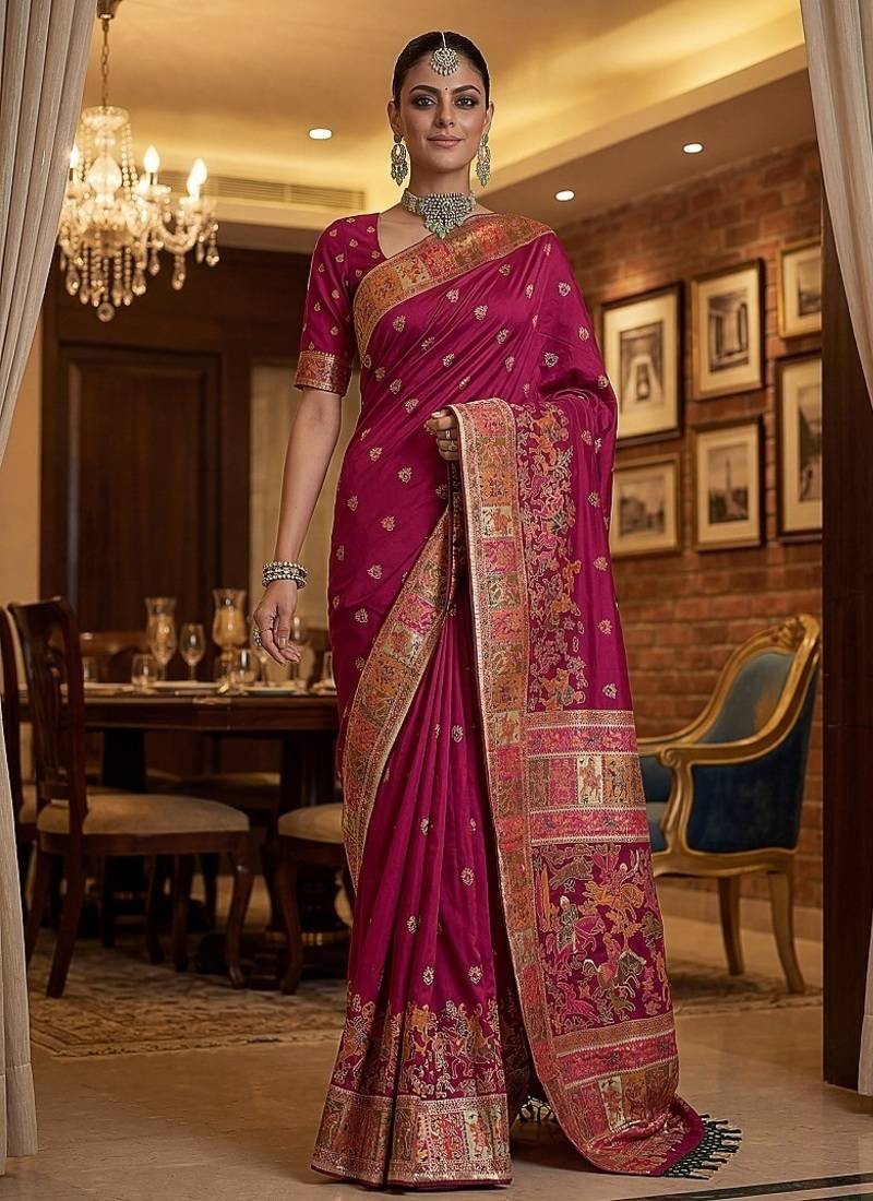 Rani Pink Color Foliate Pattern,Zari And Shikaragh Zal Work Pashmina Silk Saree