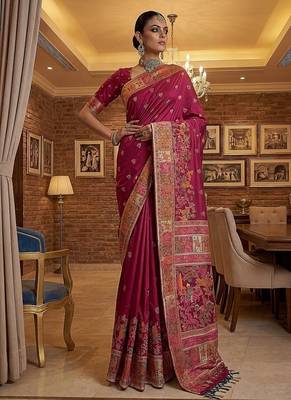 Rani Pink Color Foliate Pattern,Zari And Shikaragh Zal Work Pashmina Silk Saree 3
