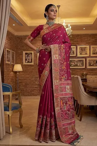 Rani Pink Color Foliate Pattern,Zari And Shikaragh Zal Work Pashmina Silk Saree