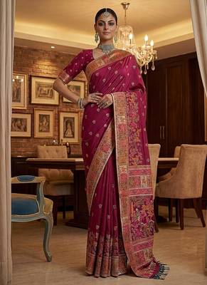 Rani Pink Color Foliate Pattern,Zari And Shikaragh Zal Work Pashmina Silk Saree 4