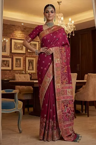 Rani Pink Color Foliate Pattern,Zari And Shikaragh Zal Work Pashmina Silk Saree