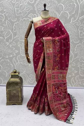 Rani Pink Color Foliate Pattern,Zari And Shikaragh Zal Work Pashmina Silk Saree