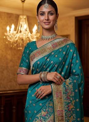 Turquoise Color Foliate Pattern,Zari And Shikaragh Zal Work Pashmina Silk Saree 2