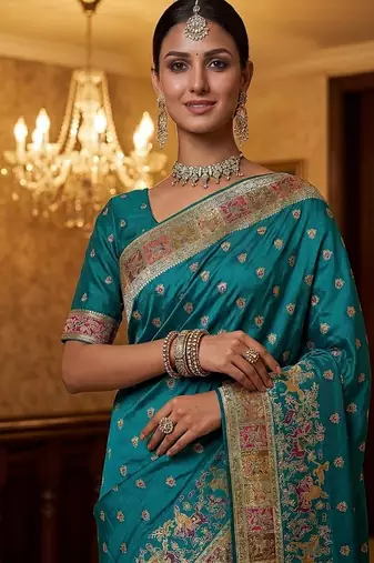 Turquoise Color Foliate Pattern,Zari And Shikaragh Zal Work Pashmina Silk Saree
