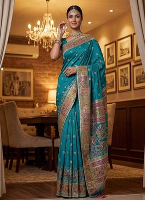 Turquoise Color Foliate Pattern,Zari And Shikaragh Zal Work Pashmina Silk Saree 1