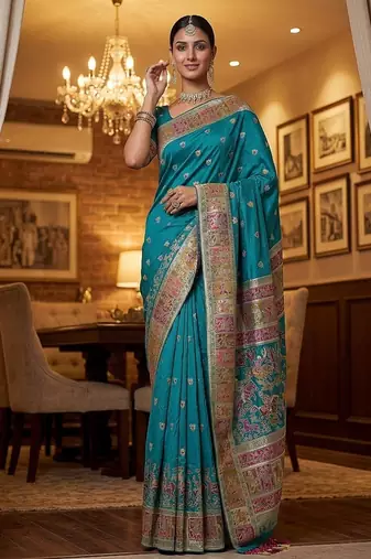 Turquoise Color Foliate Pattern,Zari And Shikaragh Zal Work Pashmina Silk Saree