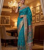 Turquoise Color Foliate Pattern,Zari And Shikaragh Zal Work Pashmina Silk Saree