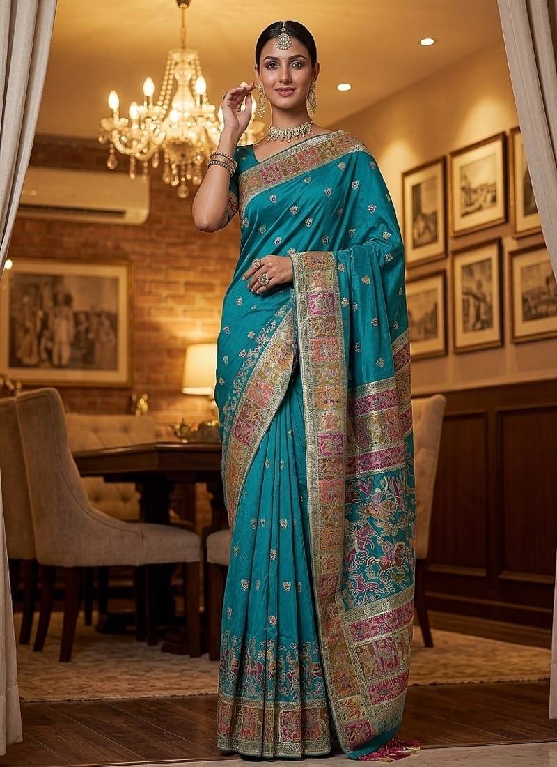 Turquoise Color Foliate Pattern,Zari And Shikaragh Zal Work Pashmina Silk Saree