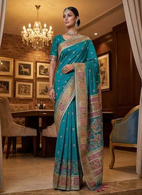 Turquoise Color Foliate Pattern,Zari And Shikaragh Zal Work Pashmina Silk Saree 3