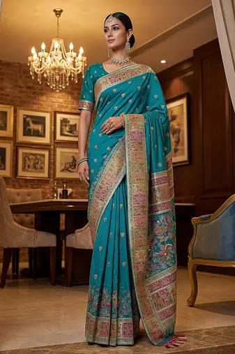 Turquoise Color Foliate Pattern,Zari And Shikaragh Zal Work Pashmina Silk Saree