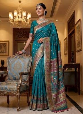 Turquoise Color Foliate Pattern,Zari And Shikaragh Zal Work Pashmina Silk Saree 4