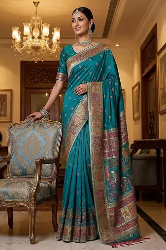 Turquoise Color Foliate Pattern,Zari And Shikaragh Zal Work Pashmina Silk Saree