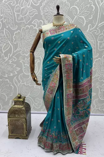 Turquoise Color Foliate Pattern,Zari And Shikaragh Zal Work Pashmina Silk Saree