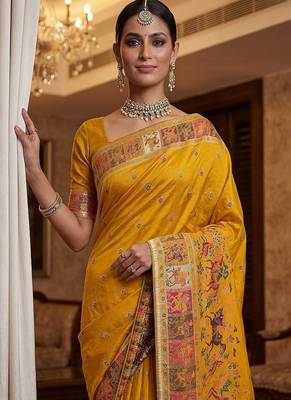 Yellow Color Foliate Pattern,Zari And Shikaragh Zal Work Pashmina Silk Saree 2
