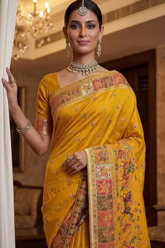 Yellow Color Foliate Pattern,Zari And Shikaragh Zal Work Pashmina Silk Saree