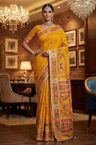 Yellow Color Foliate Pattern,Zari And Shikaragh Zal Work Pashmina Silk Saree