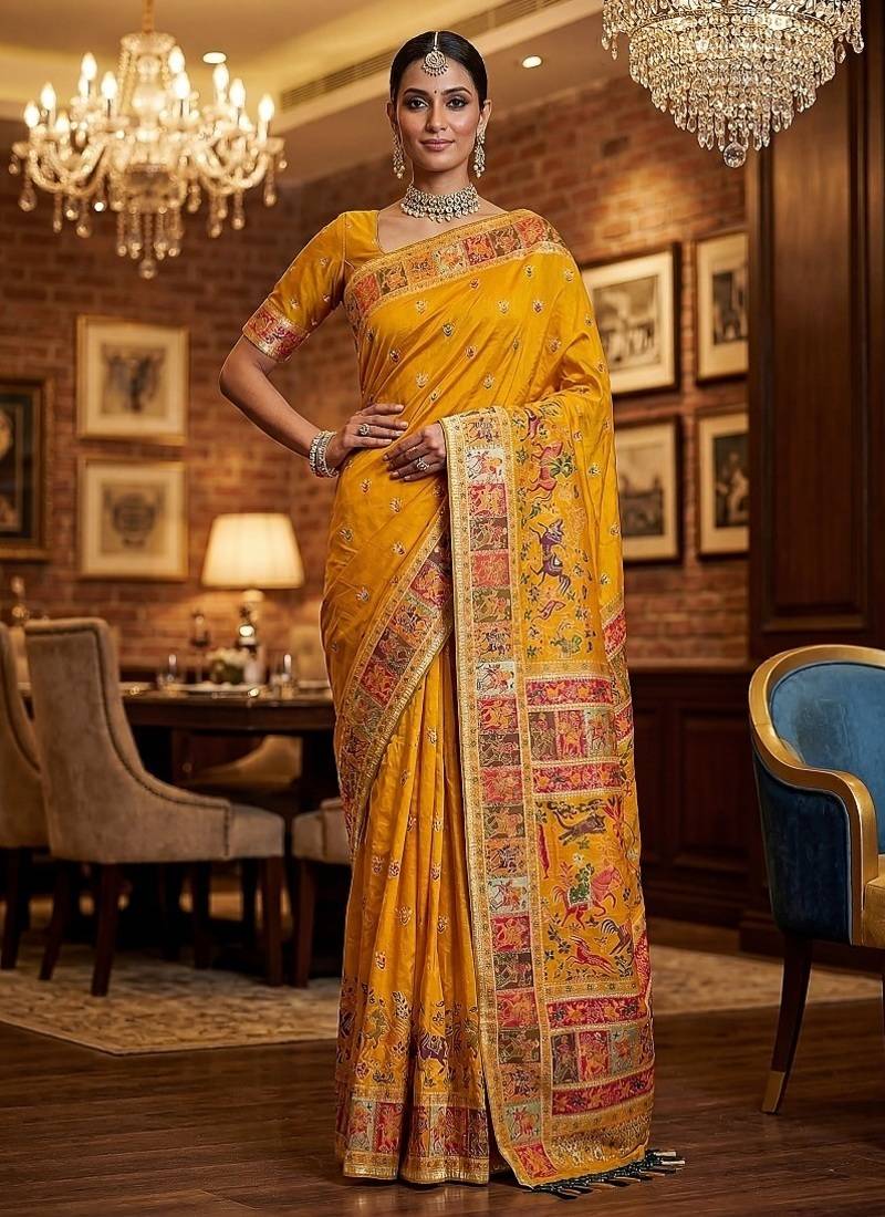 Yellow Color Foliate Pattern,Zari And Shikaragh Zal Work Pashmina Silk Saree