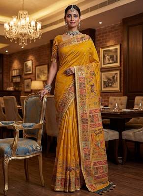 Yellow Color Foliate Pattern,Zari And Shikaragh Zal Work Pashmina Silk Saree 3