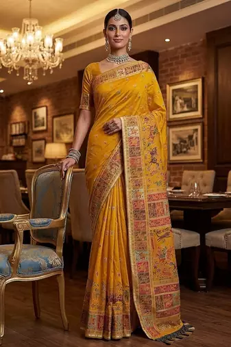 Yellow Color Foliate Pattern,Zari And Shikaragh Zal Work Pashmina Silk Saree