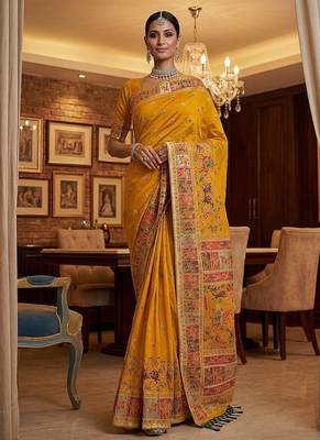 Yellow Color Foliate Pattern,Zari And Shikaragh Zal Work Pashmina Silk Saree 4