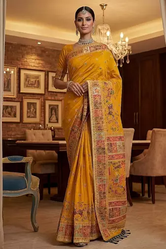 Yellow Color Foliate Pattern,Zari And Shikaragh Zal Work Pashmina Silk Saree