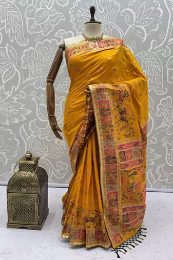 Yellow Color Foliate Pattern,Zari And Shikaragh Zal Work Pashmina Silk Saree