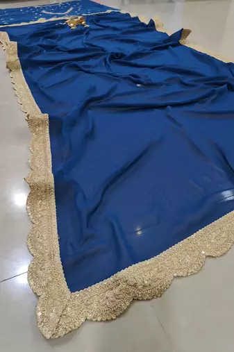 Delightful Blue Sequence Embroidered with Ruffle Border Georgette Indian wedding Designer lehenga choli