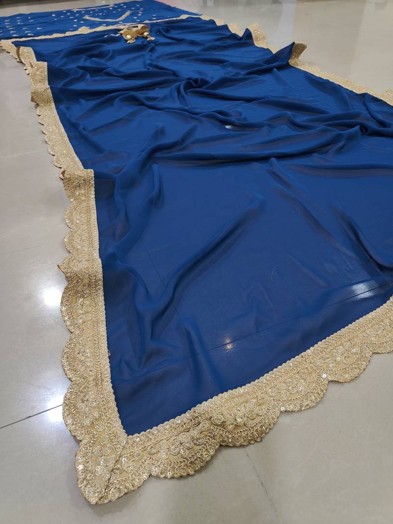 Delightful Blue Sequence Embroidered with Ruffle Border Georgette Indian wedding Designer lehenga choli