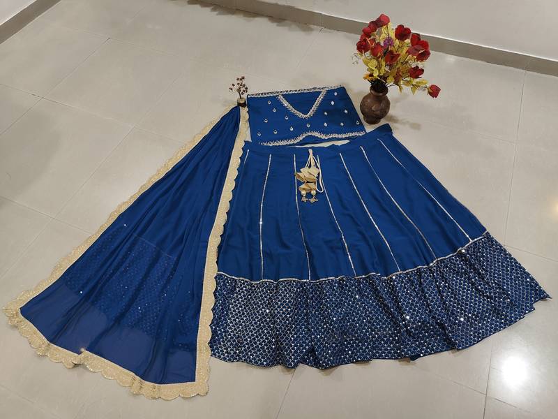 Delightful Blue Sequence Embroidered with Ruffle Border Georgette Indian wedding Designer lehenga choli