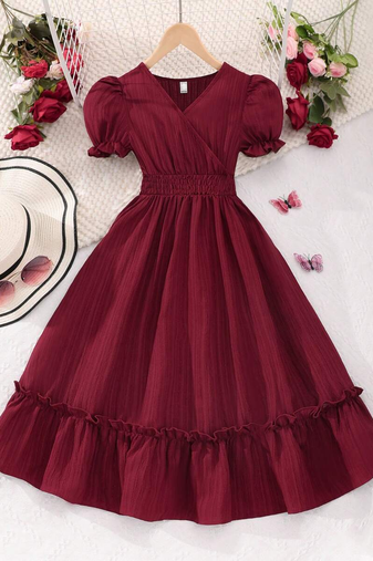 Maroon solid georgette fit & flare midi dress for women