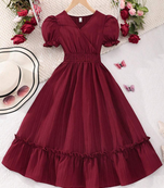 Maroon solid georgette fit & flare midi dress for women