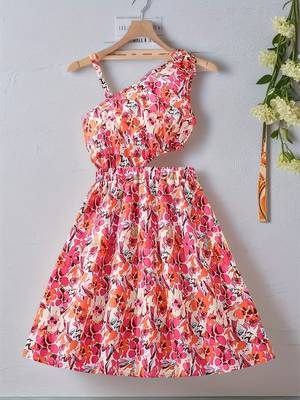 Pink & orange floral printed cotton fit & flare one shoulder dress for women 1