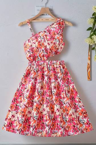 Pink & orange floral printed cotton fit & flare one shoulder dress for women