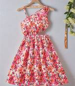 Pink & orange floral printed cotton fit & flare one shoulder dress for women