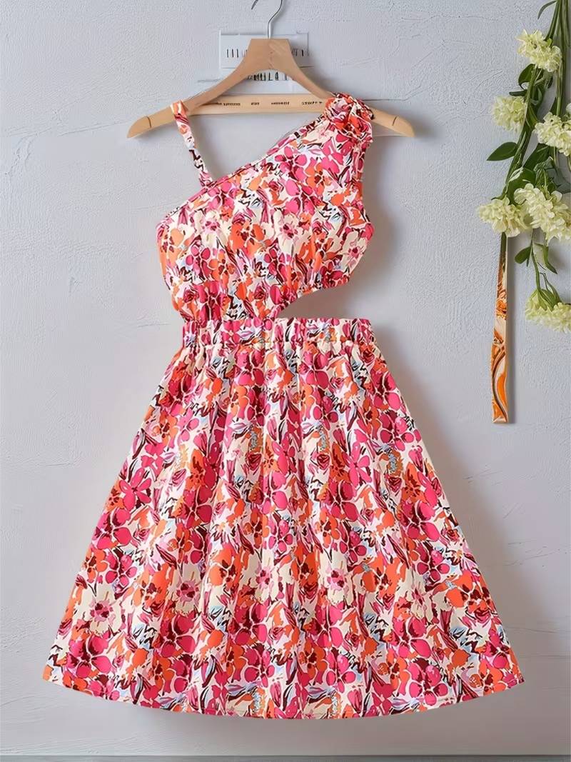 Pink & orange floral printed cotton fit & flare one shoulder dress for women